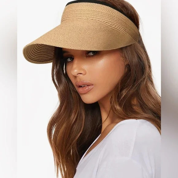 Womens Sun Visor Hat Straw Summer Packable Ponytail Beach Hats Travel UPF 80+ - Picture 3 of 9